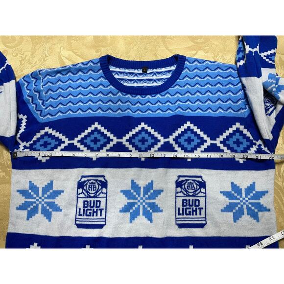Bud Light Large Christmas Sweater Beer Cans Snowflake Blue White Scoop Neck - Picture 6 of 7